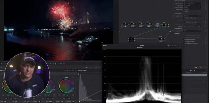 DaVinci Resolve Rec.709 color space transform and waveform showing gamma differences