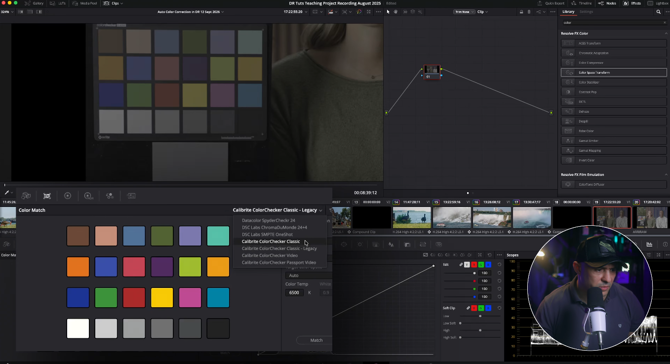DaVinci Resolve Color Match palette with color calibration chart