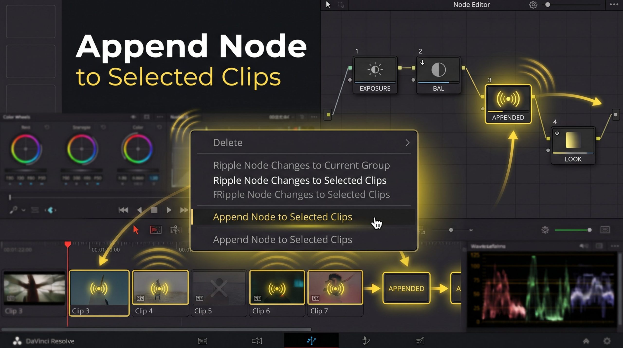 Append Node to Selected Clips command in DaVinci Resolve adding a node to the end of each selected clip's node tree