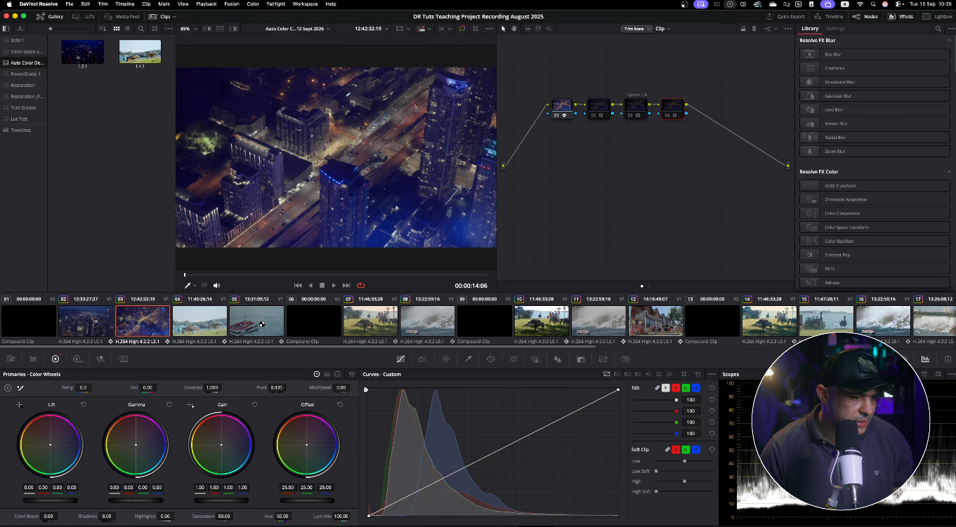 DaVinci Resolve Color Page overview with node graph and Primaries color wheels for Auto Color
