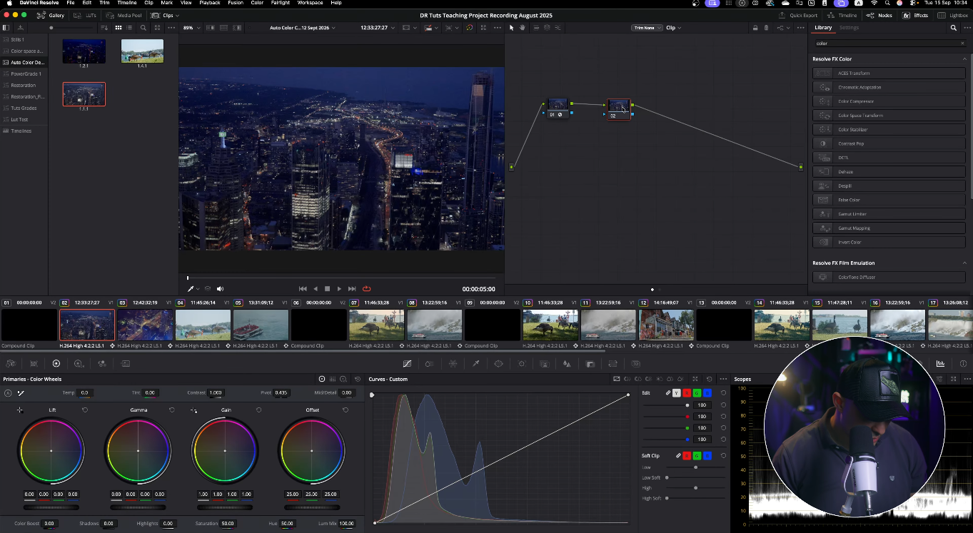 DaVinci Resolve Auto White Balance eyedropper tool selected in Primaries wheels panel