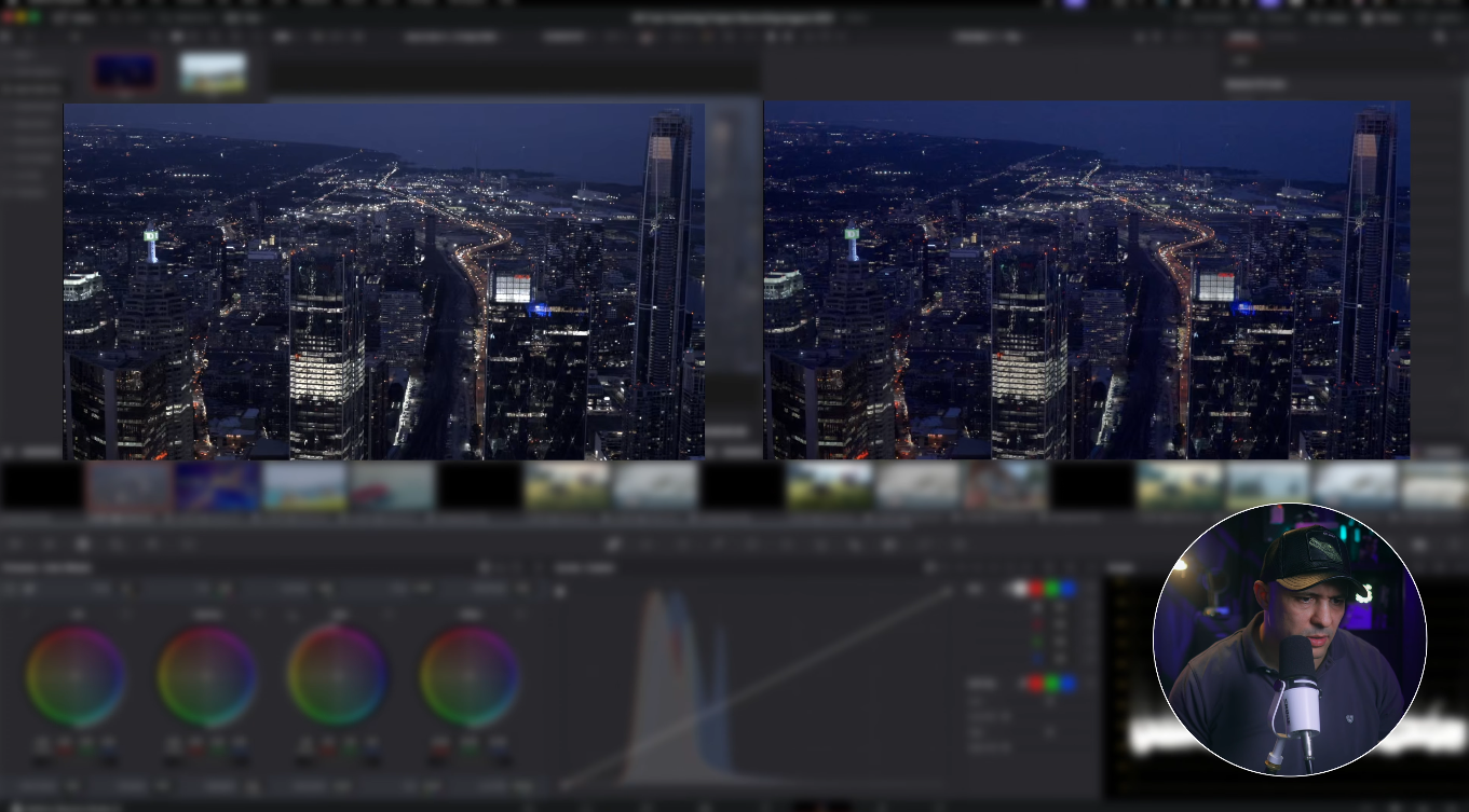 DaVinci Resolve Shot Match before and after split screen comparison of matched clips