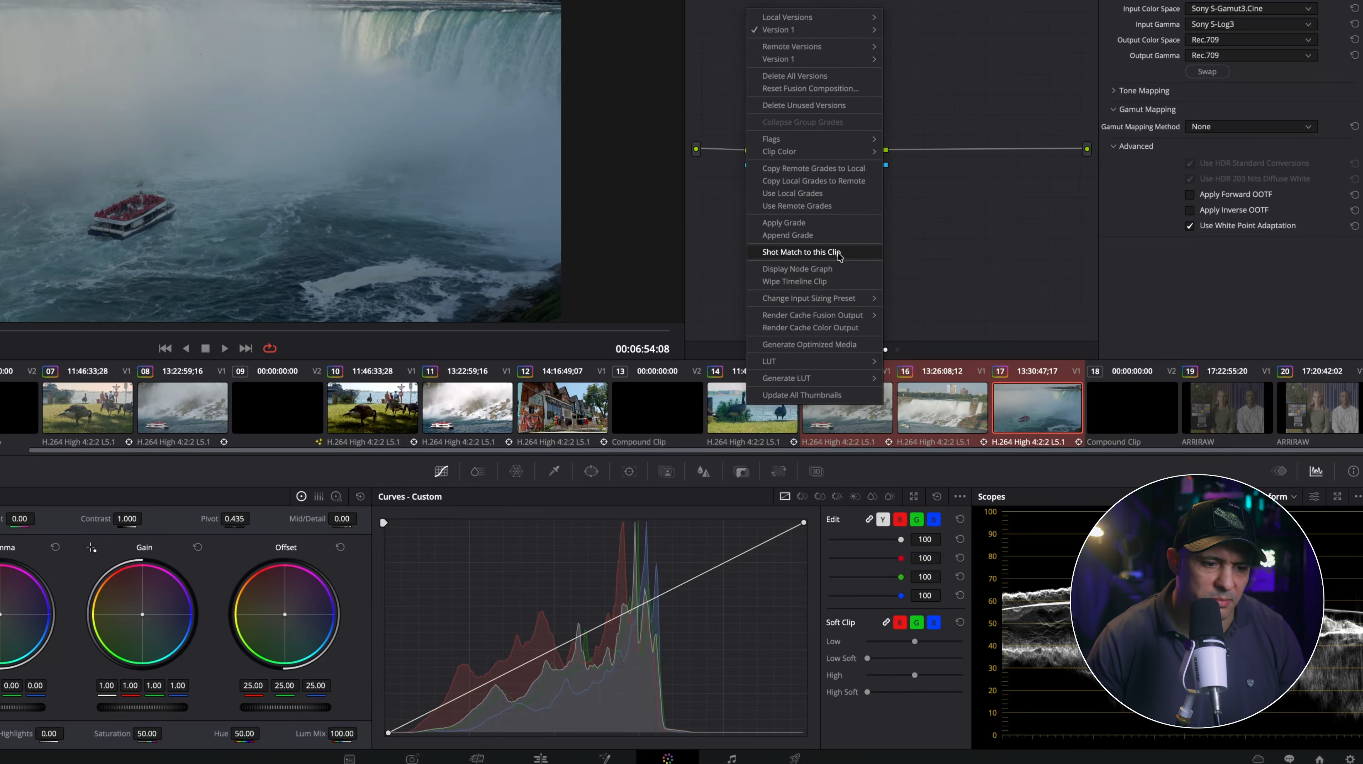 DaVinci Resolve Shot Match to This Clip option in the Color Page