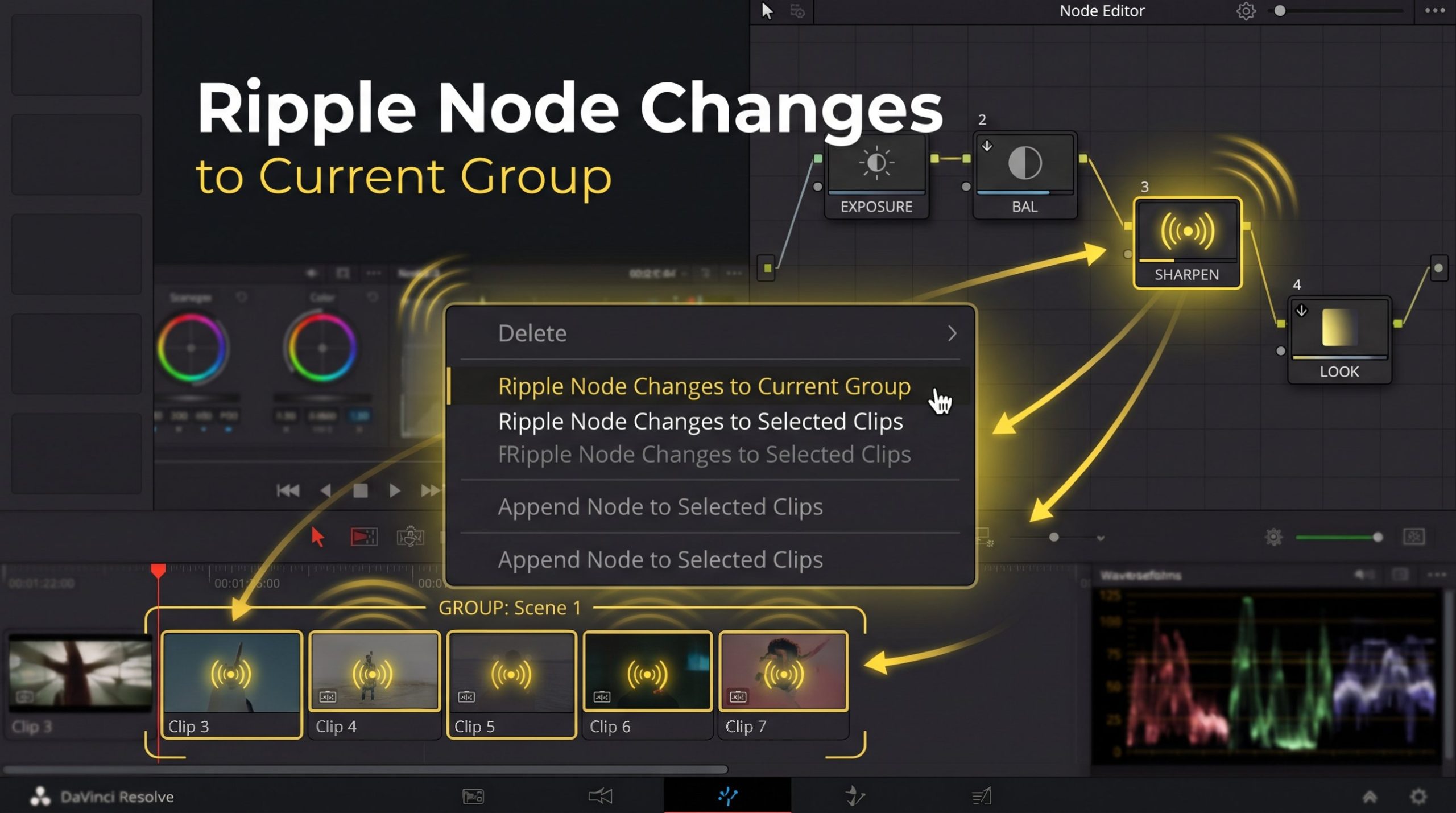 Ripple Node Changes to Current Group command in DaVinci Resolve applying a node change to clips in a group