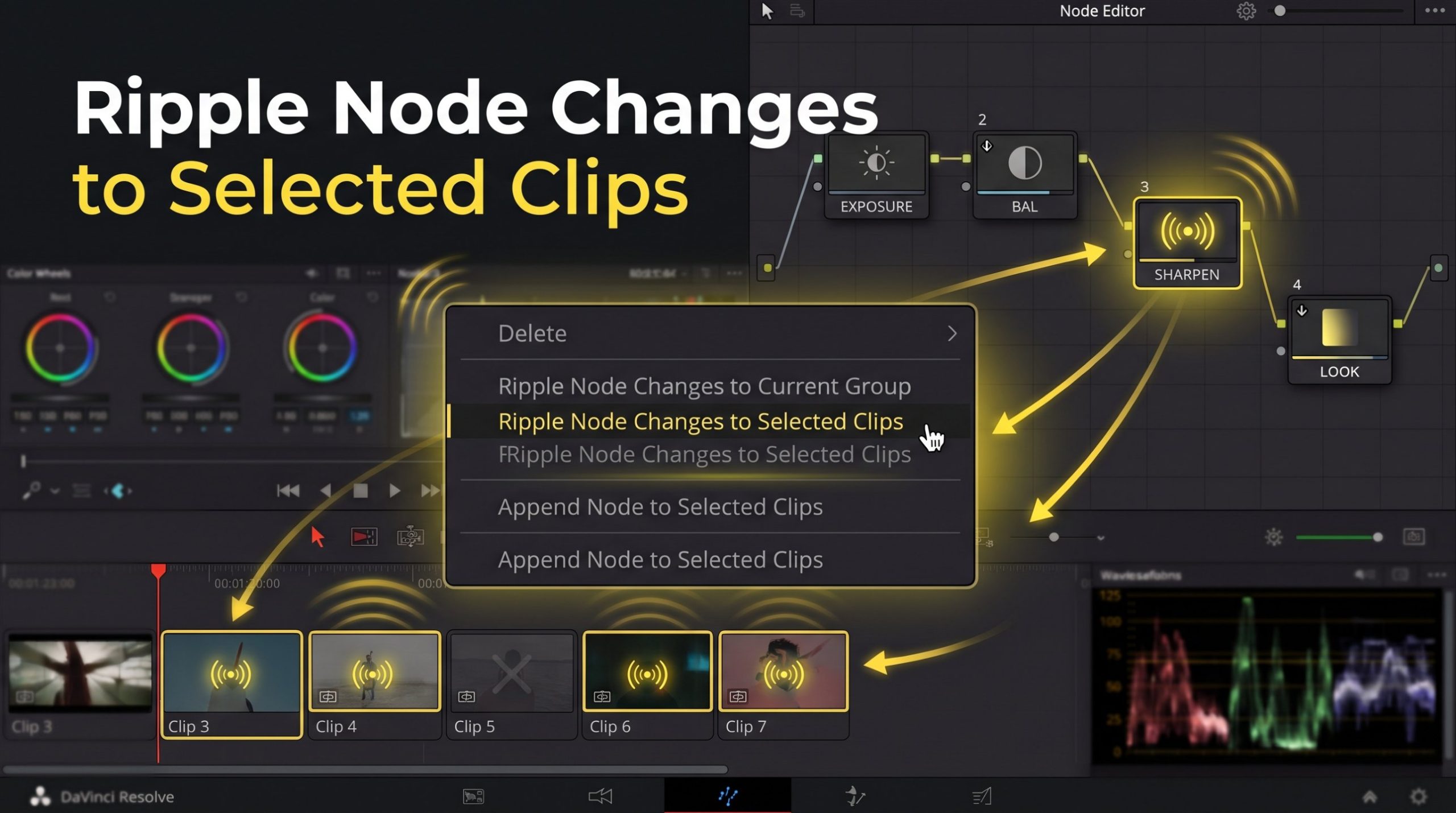 Ripple Node Changes to Selected Clips command in DaVinci Resolve pushing a node change to selected clips